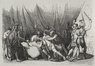 Death of Viriathus, leader of the Lusitanian people who fought against Roman..., 139BC (1852). Creator: José Vallejo.