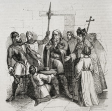 Coronation of King Wamba in Toledo, who was anointed by Bishop Quiricus on 20 September 672 (1852).  Creators: José Vallejo, Capuz.