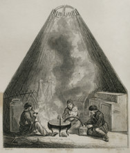 Inside view of a Kalmyk yurt, called gher, Russia, 1839.  Creator: Emile Louis Vernier.