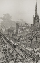 Panoramic view of the new elevated railway, Gilbert system, taken from New Church St, New York 1878. Creator: Unknown.