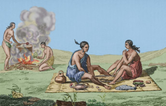 Food and meal preparation, Seminoles Indians, Florida, 16th century French expedition, (1837) (1850) Creator: Unknown.