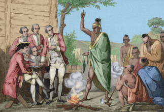 Native American council and conquistadors meeting around a fire, United States, 1837, (1850). Creator: Emile Louis Vernier.