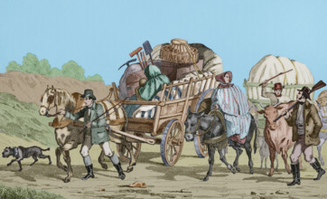 Emigrants on carts heading out West, United States, 1837, (1850).   Creator: Emile Louis Vernier.