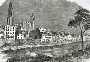 Girona, Catalonia, Spain, 1853. View of the city.  Creator: Coderch.