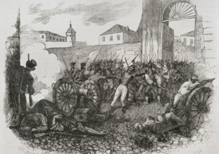 Defence of Monteleon artillery park  during the Dos de Mayo Uprising, Madrid, Spain, 1808 (1853).  Creator: Miranda.