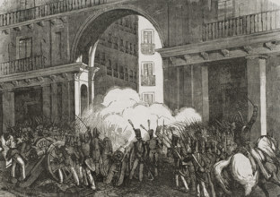 Defense of the Plaza Mayor, Madrid, Spain on July 7, 1822, (1853). Creators: Bernardo Rico, Miranda.