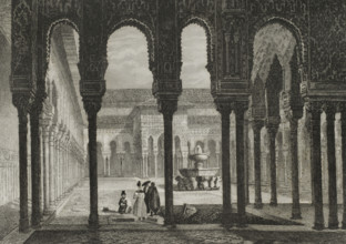 Patio and Fountain of the Lions, Alhambra Palace, Granada, Andalusia, Spain, 1853.  Creator: Antonio Roca Sallent.