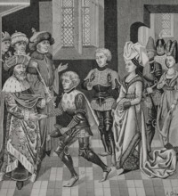 Coloman, (1070-1116), King of Hungary receiving Walter Sans Avoir..., 15th century (1877).  Creator: Unknown.