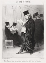 Maitre Chapotard lisant dans un journal judiciaire l'éloge de lui même par lui même, 1846. Creator: Honore Daumier.