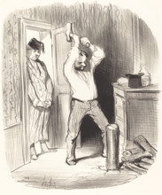 Est-il dieu permis... fendre du bois dans ma salle à manger!..., 1847. Creator: Honore Daumier.