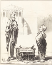 Les Augures de l'Empire s'apprêtant à consulter les entrailles des canards sacrés..., 1850.  Creator: Honore Daumier.