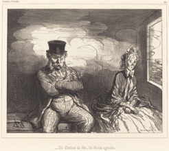En Chemin de Fer - Un Voisin agréable, 1862. Creator: Honore Daumier.