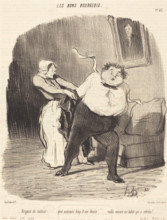 Brigand de tailleur...quel mauvais drap il me donne...voilà encore un habit qui a rétréci!..., 1847. Creator: Honore Daumier.