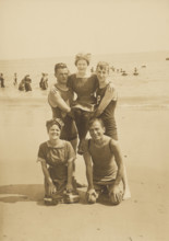 Group portrait on the beach, Block Island, 1912. Creator: Byram Woodhead.
