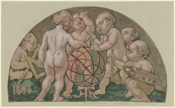 Putti with armillary sphere from the (destroyed) mosaic at the "Zum Kaiser Karl" house..., c1882-83. Creator: Hans Thoma.