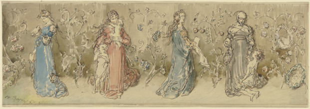 Four allegorical female figures, 1875. Creator: Wilhelm Busch.