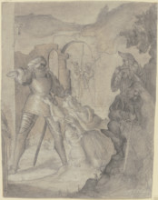 A woman with a child kneels imploringly before a knight, with other knights and a castle beside her. Creator: Victor Muller.
