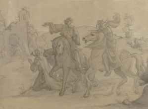 A mounted king shows a warrior on horseback the way to a ruin above which a star shines, 1846. Creator: Victor Muller.
