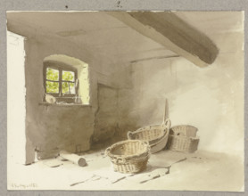 Unfurnished room, some baskets on the floor, 1860. Creator: Carl Theodor Reiffenstein.