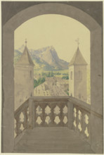 Wooden balcony with stairs, view of a Tyrolean village, snow-capped mountains..., 19th century. Creator: Karl Ballenberger.