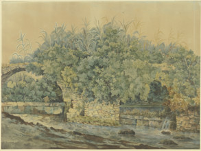 Dilapidated stone bridge over a stream, overgrown with bushes and plants, 18th century. Creator: Unknown.