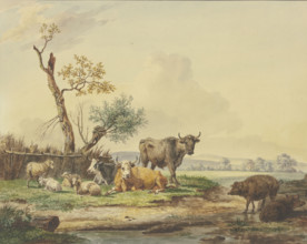 Cattle grazing by a fence, two pigs on the right, late 18th century. Creator: Pieter Gerardus van Os.