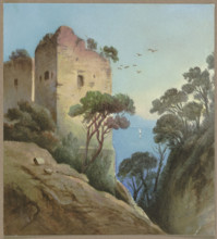 Tower ruins overlooking the sea (Gulf of Naples?), 19th century. Creator: Unknown.