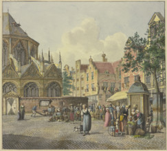 On the left, the chancel of a church; on the right, a well house with vegetable vendors, 18th cent. Creator: Johannes Huibert Prins.