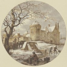Winter landscape in front of the city wall, a wooden sledge on the bridge, 1788. Creator: Jacob Cats.