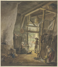 Inside a farmhouse, the woman sits by the door, talking to the man leaving..., late 18th century. Creator: Hermanus van Brussel.
