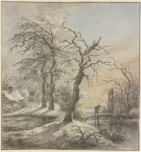 Winter landscape, a hiker crosses a stream on a footbridge, 18th century. Creator: Jan Hulswit.