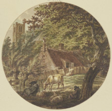 Hut in the woods with some cattle, a church tower on the left, 1788. Creator: Jacob Cats.