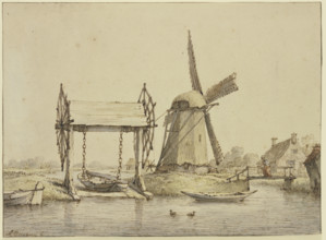 Landscape with a boat lift and a mill, 17th century. Creator: Anthonie van Borssom.