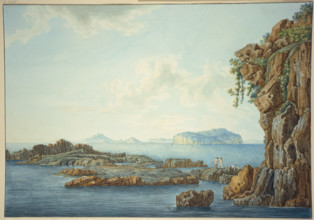 Sicily, rocky shore by the sea, three fishermen in the foreground, islands in the..., 18th century. Creator: Christoph Heinrich Kniep.