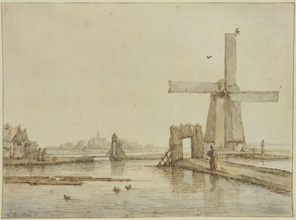 Windmill on a narrow causeway, three ducks in the foreground, 17th century. Creator: Anthonie van Borssom.