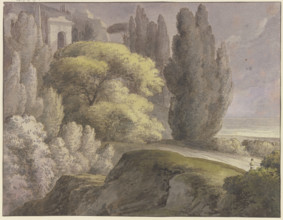 Landscape with ancient buildings among tall trees, 18th century. Creator: Franz Kobell.
