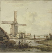 Windmill in front of a town with a tall tower, a woman walking on a cane..., 18th century. Creator: Jan Hulswit.