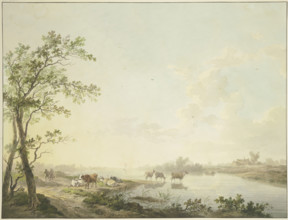 Foggy morning by a river, seven cows on the bank, some standing in the water, 1803. Creator: Abraham Teerlink.