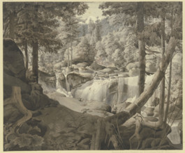 Wooded landscape with a waterfall, pilgrims crossing a bridge in the background, 19th century. Creator: August Georg Friedrich Lucas.