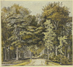 Path through a beech forest, with a wooden bridge in front, 18th century. Creator: Martinus van der Jagt.