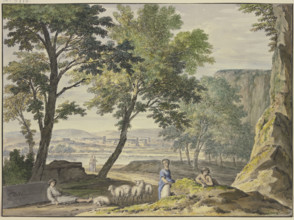 Stylish landscape with shepherds, a town in the distance, 18th century. Creator: Jan van Huysum.