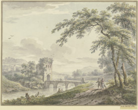 Landscape with a bridge and tower; to the right, under a tree, a couple with a dog, 1760. Creator: Johann Heinrich Muntz.