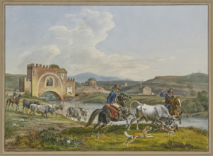 Roman Campagnoli on horseback capture a bull with dogs, 1829. Creator: Johann Adam Klein.