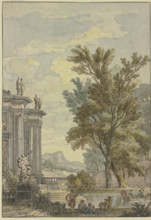 Park view, a building with columns and statues on the left, a basin with a gondola..., 17th century. Creator: Isaac de Moucheron.
