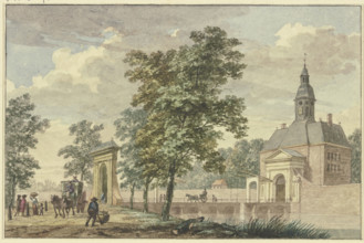 City gate with turrets in summer, a long bridge leads across the canal to an avenue..., 18th century Creator: Hermanus Numan.