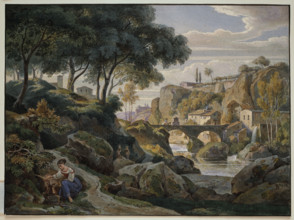 Italian mountain landscape with a stone bridge, 1827. Creator: Ernst Fries.