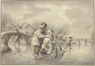 Winter landscape with skaters, 18th century. Creator: Jacob van Strij.