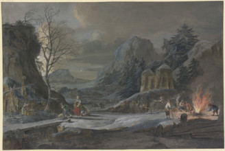 Winter landscape in moonlight, on the right farmers tend a large fire, 1777. Creator: Bernhard Heinrich Thier.