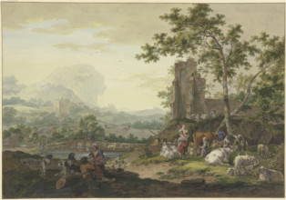 Landscape, a ruin on the right, a group of cattle with shepherds, a woman milking a cow..., 1777. Creator: Bernhard Heinrich Thier.