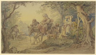 Train of Italian peasants, a woman with two children riding on a donkey..., 19th century. Creator: Ludwig Richter.
